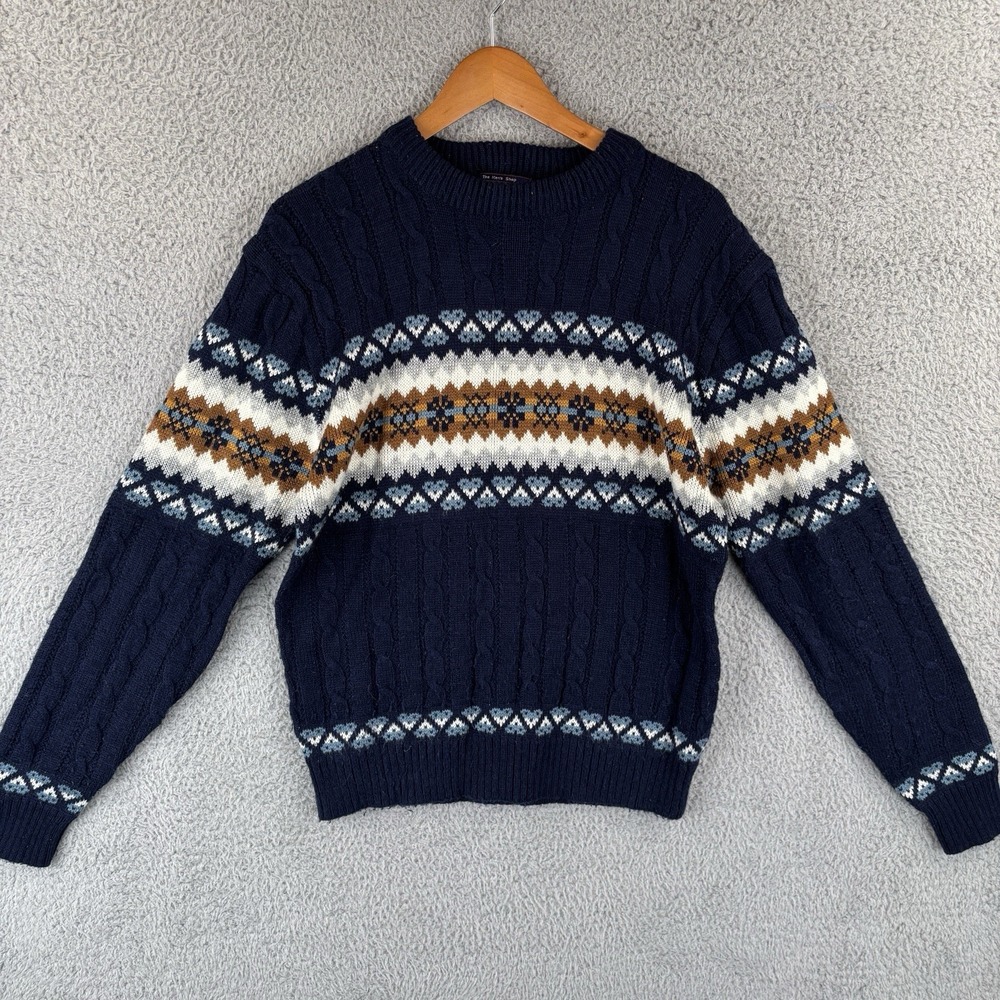 Vintage JC Penney Sweater Mens L Navy Nordic Fair Isle Cable Knit Pullover 80s